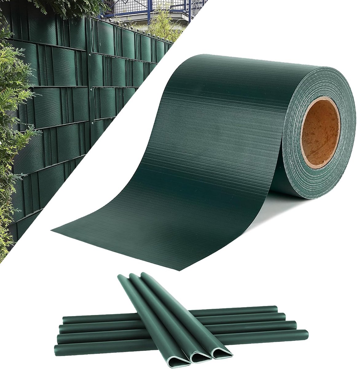PVC Inkijkwerende stroken voor dubbelstaafmatten omheining Staafmattenhek Inkijkbescherming hek folie 35m x 19cm incl. bevestigingsclips 450g / m² windscherm tuin tuinhek groen