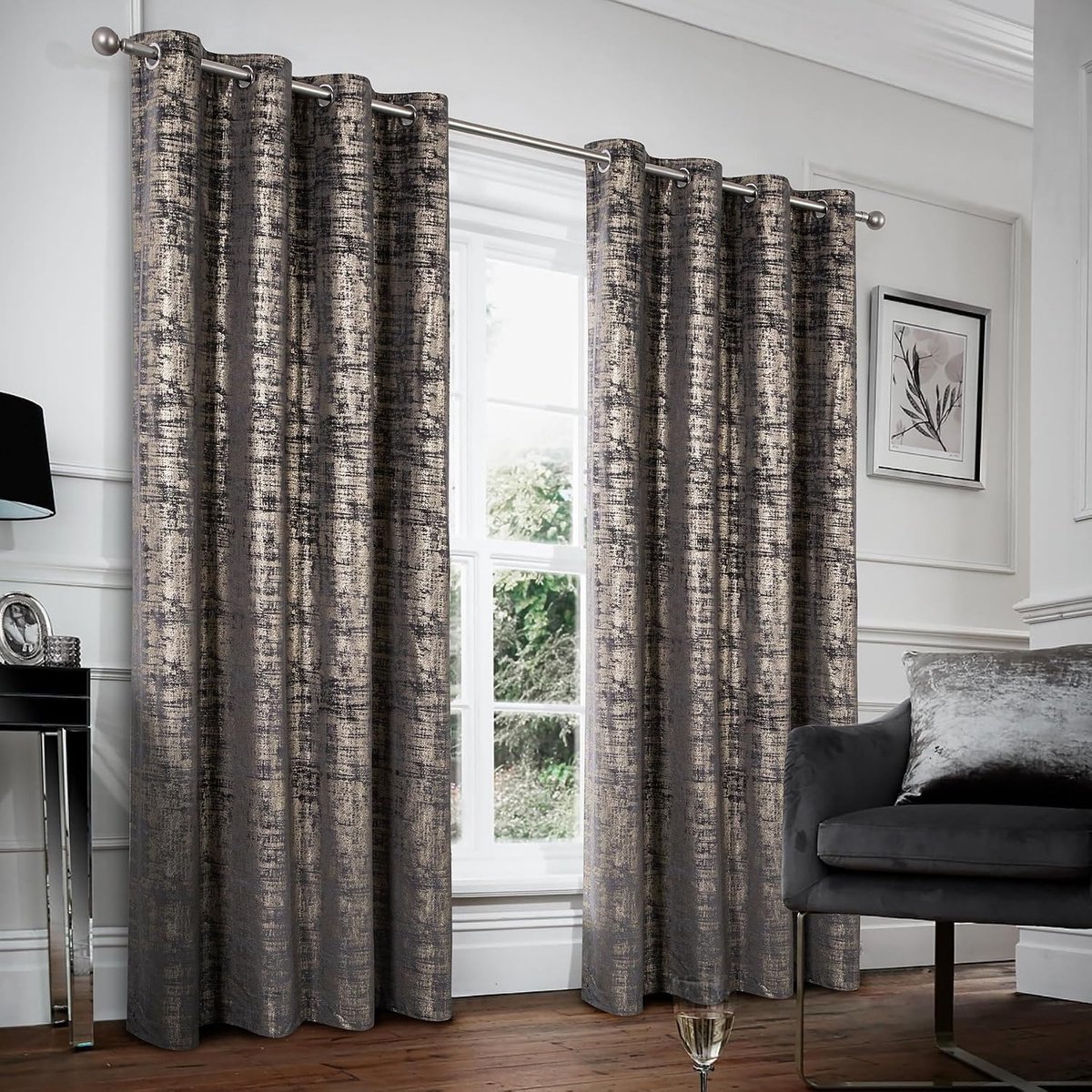 Always4u Gordijnen met ringen, 100% ondoorzichtig, elegant en glanzend fluweel, thermogordijn met gouden print, voor slaapkamer, woonkamer, keuken, antracietgrijs, set van 2, 140 x 260 cm