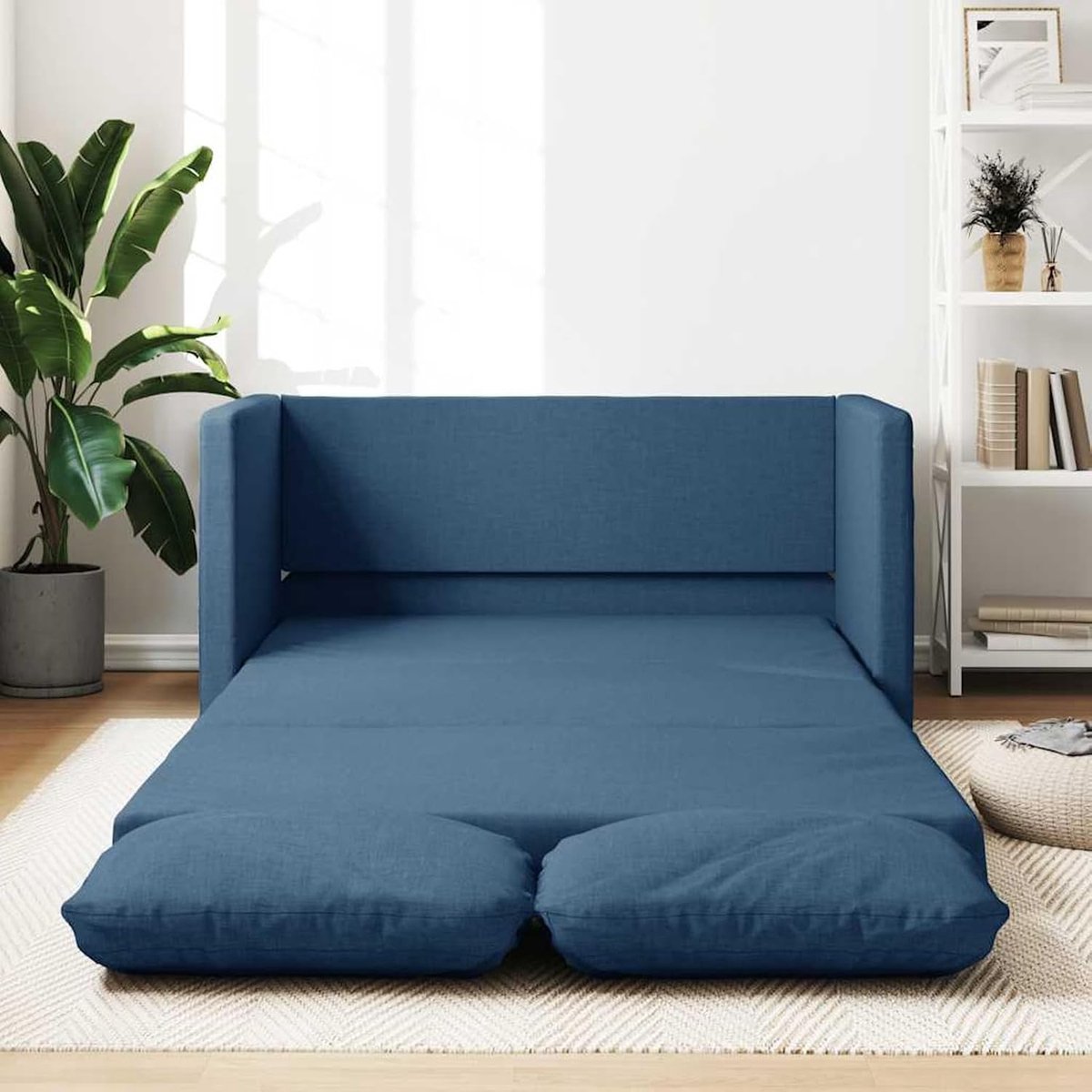 Vloerbank met slaapfunctie, blauw, 112x174x55 cm, stof, gestoffeerde bank, zitgroep, bank voor woonkamer, appartement, kantoor, logeerkamer, 353971
