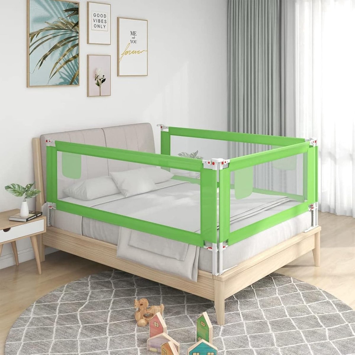 Veiligheidsleuning voor kinderbed, veiligheidsbescherming, barrière voor bed, in hoogte verstelbaar, leuningen voor kinderbed, valbescherming, groen, stof 160 x 25 cm