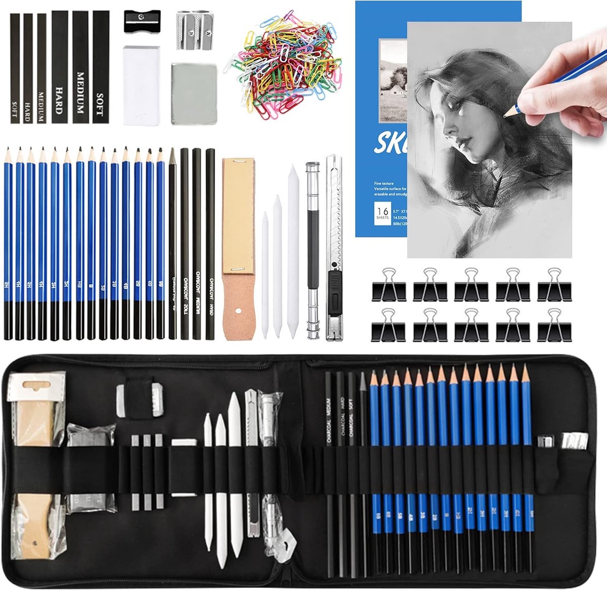 Schetsen Potloden Set,Schetsstiftenset,Schetpennenset,145-delige set met tekenaccessoires,Professionele Kunstenaar Potloodset Geschikt voor Beginners en Kunstenaars