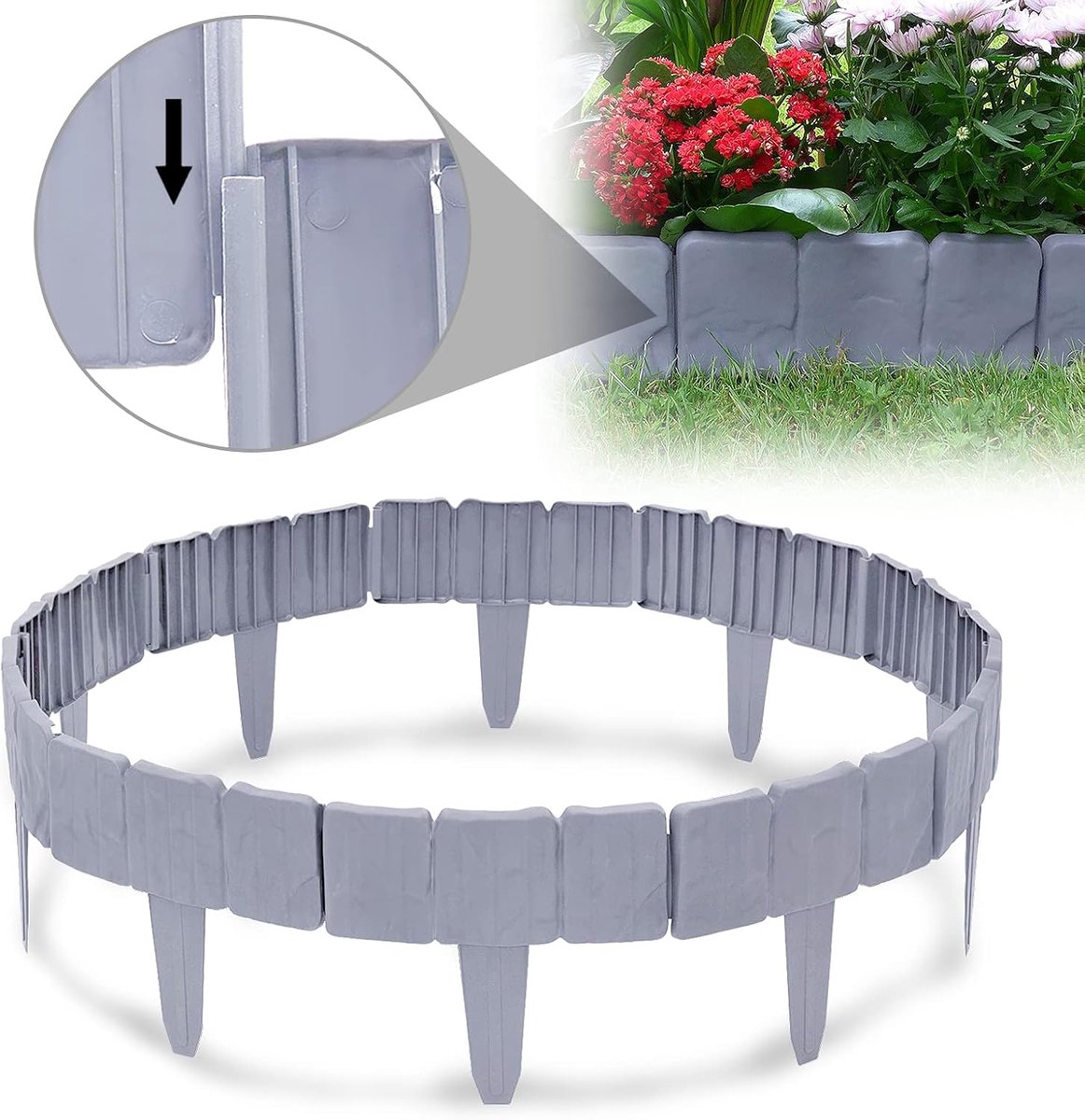 Kunststof gazonrand 2,5m Borderrand Stone Optics Border gemaakt van polypropyleen, maaibegrenzing Palisade Tuin decoratief border bloemperk, 1 element (L x H): 25cm x 23cm, grijs