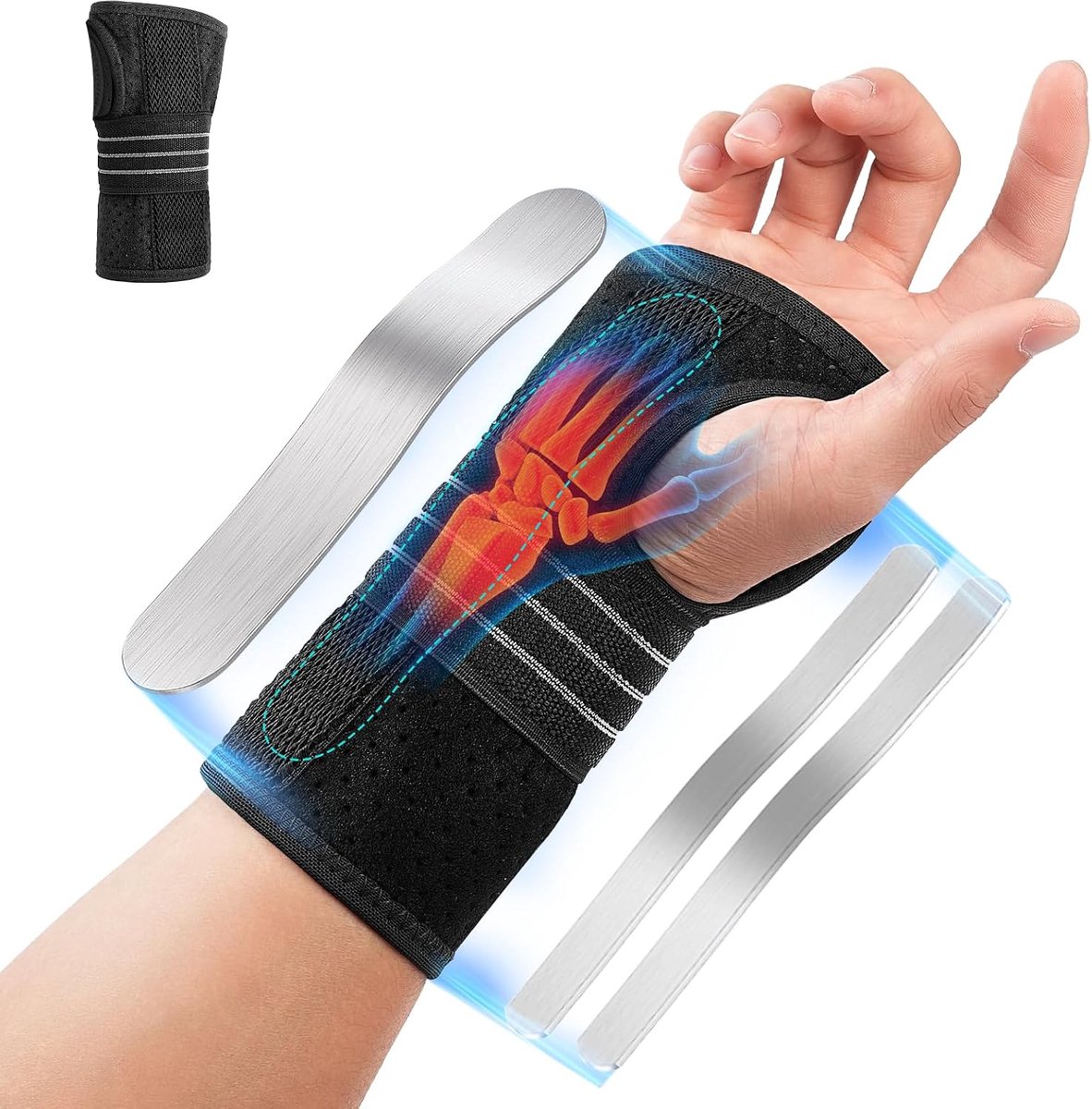 Polsbandage voor peesschedeontsteking, verstelbaar, carpaal tunnel, uniseks, met 3 metalen rails, middenpols, orthopedische duimopening, zacht bij endditis en artritis, rechts