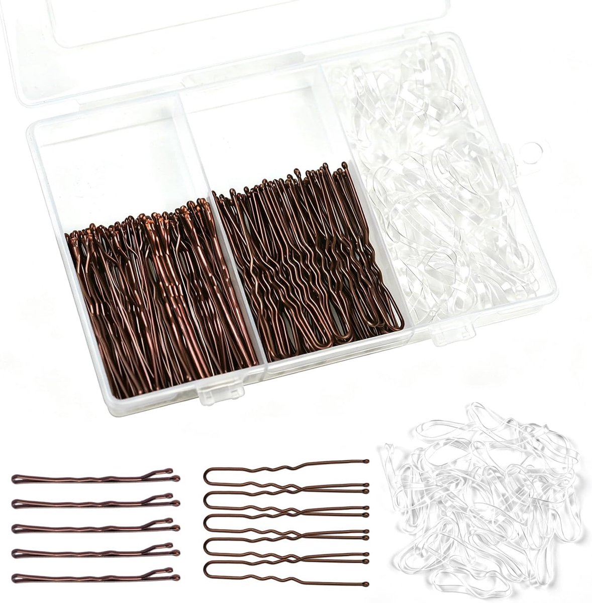 Haarspelden Set met Opbergdoos - 50 U-vormige Haarspelden, 50 Bobby Pins en 100 Elastische Haarbandjes voor Alle Haarstijlen (5 cm, Bruin)