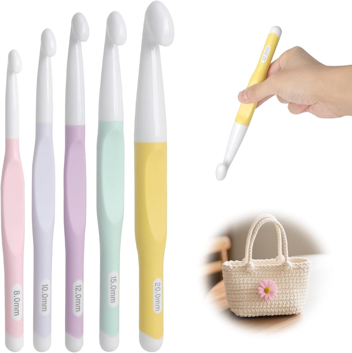 Haaknaaldenset met rubberen handgreep, maten 8/10/12/15/20 mm, ergonomische kunststof haaknaalden met ABS-haakkop, TPR-haakgreep, chunky haaknaald voor dekens, truien, sjaals