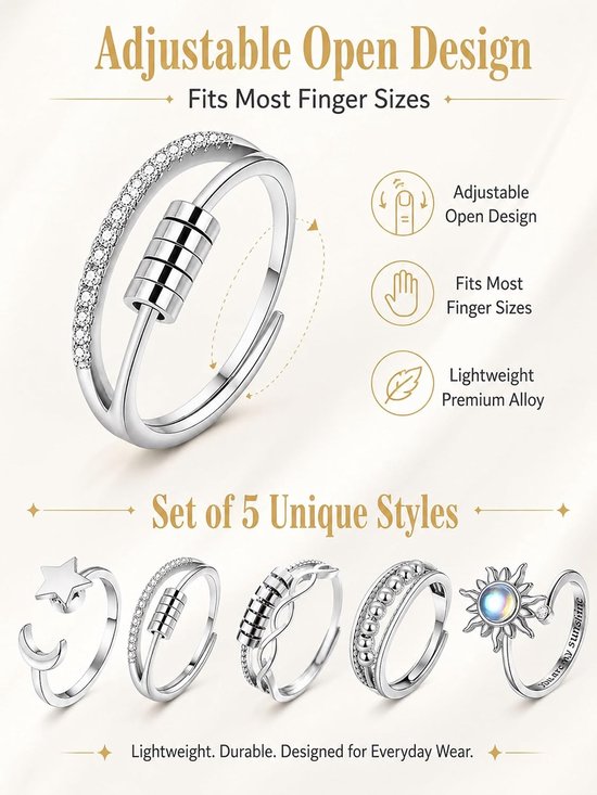 Fidget Ring Set 5 Stuks, Verstelbare Anxiety Ring voor Dames en Heren Zilveren Anti Stress Draairingen met Ster Maan Zon Kralen Spinning Ringen Cadeau — afbeelding 4