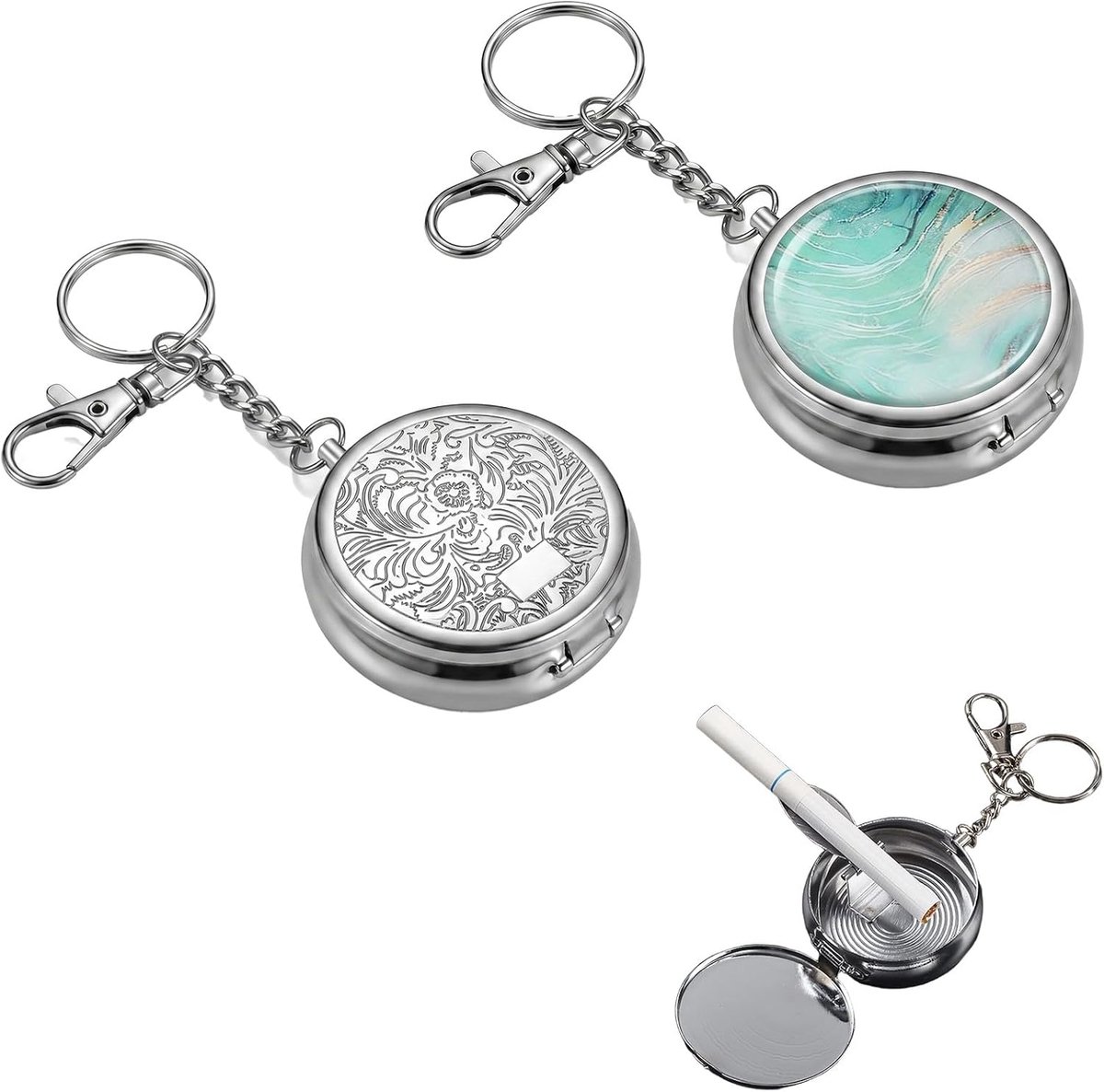 Draagbare asbak met deksel en sleutelhanger, asbak met deksel, mini-asbak van metaal, zilverkleurig, voor outdoor en reizen, Ashtray, Cinzeiro, luchtdicht en compact design, 2 stuks