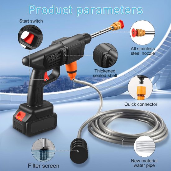 Hogedrukreiniger, Max 90 Bar Draagbare Mobiele Hogedrukreiniger met 2 x 6000 mAh Accu, 6-in-1 Multi-spray Sproeikop, 5M Slang, Verlenglans, Tuingereedschap voor Huisdieren en Auto — afbeelding 4