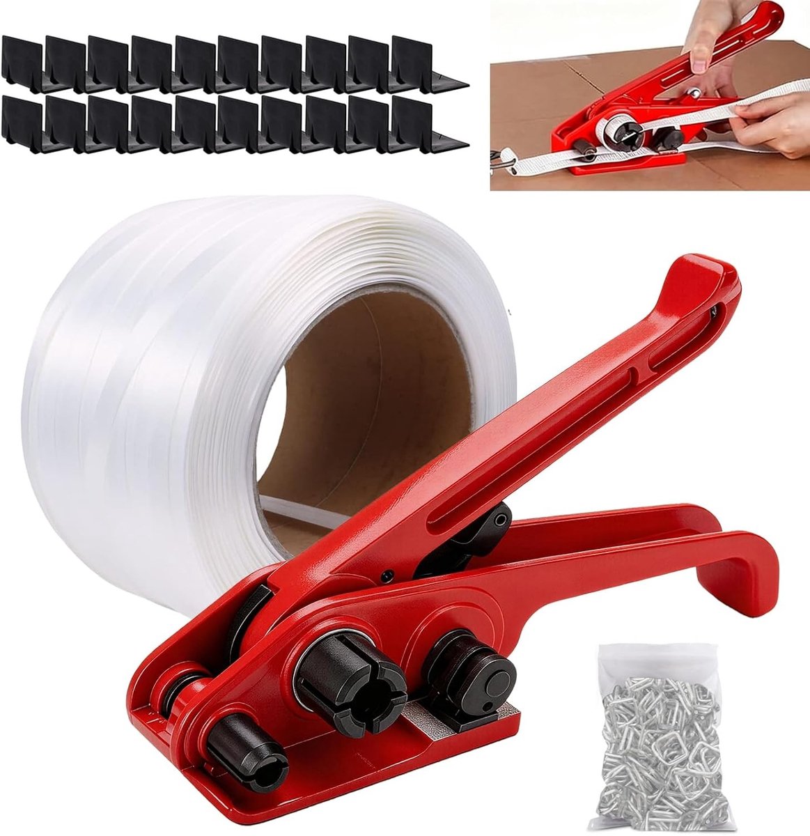 Handmatige Strapping Tools met Tape Dispenser en Verpakkingsmateriaal - 100m x 19mm Tape, 100 Stuks, 20 Hoekbeschermers en 1 Spanner voor Efficiënte Verpakking