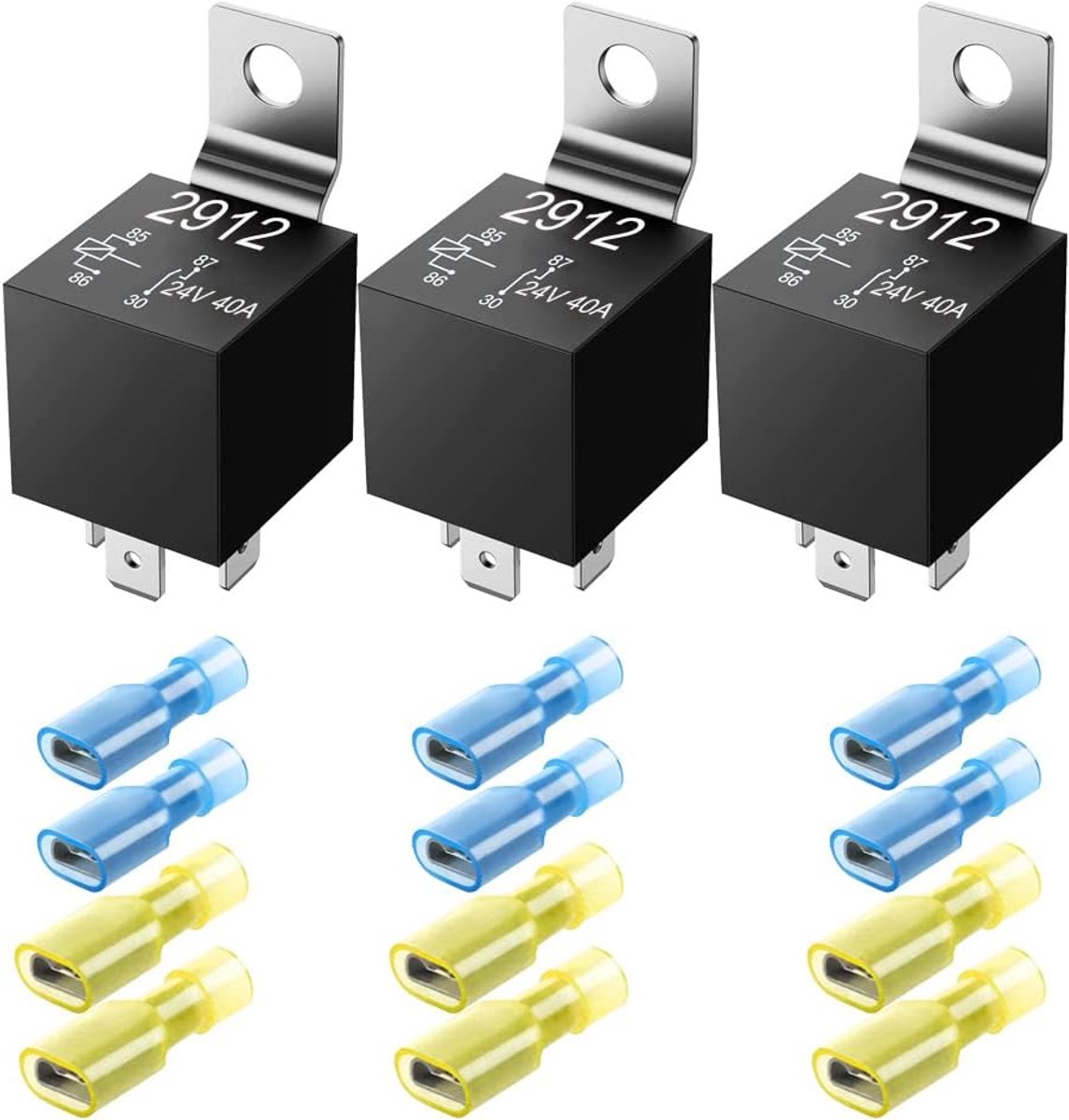 3-Pack Auto Relais DC 4 Pin SPST 24V 40Amp - Relais Kit voor Automotive Truck Van Motorboot (12 stks Nylon aansluitingen)