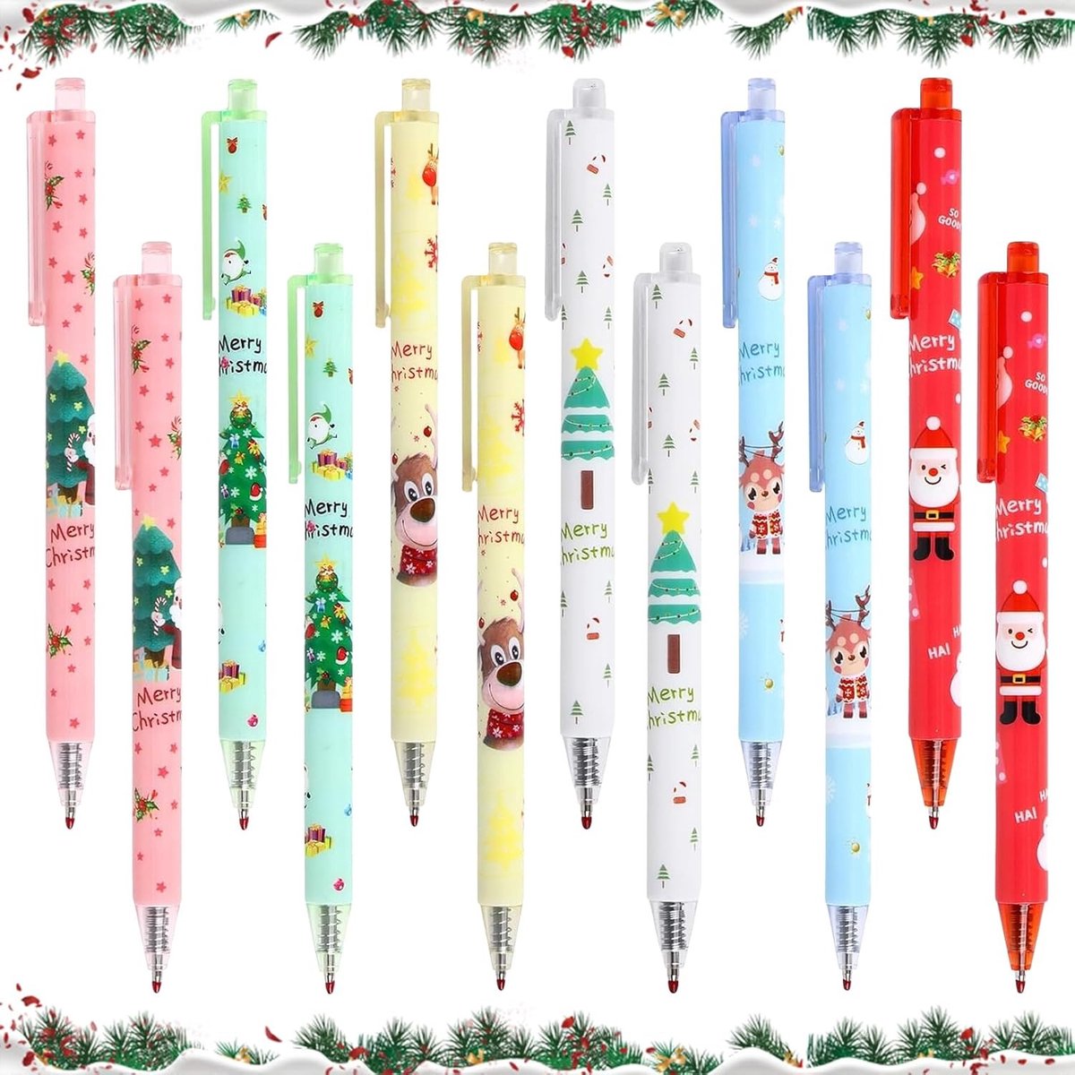 Kleurrijke balpennen voor Kerstmis, 12 stuks, retractable, gelpennen, schattige pennen voor feestjes, cadeaus, kantoor en schoolgebruik