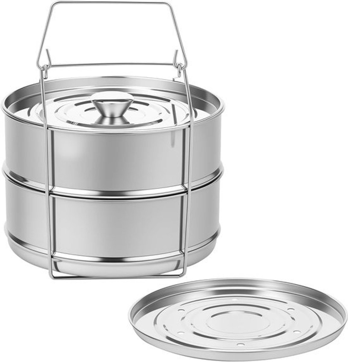 Dubbele RVS Stoompan met Accessoires - Stapelbaar voor Efficiënt Koken en Stomen