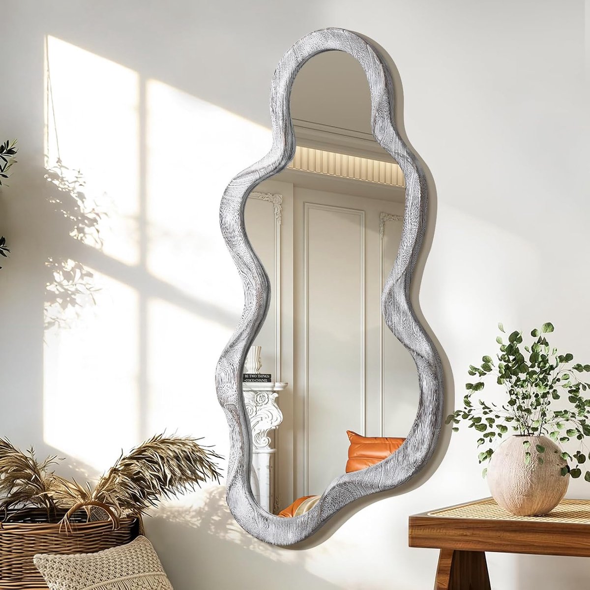 wandspiegel, wolk, houten frame, asymmetrische moderne spiegel voor muur voor kaptafel, badkamer, woonkamer, slaapkamer, hal, modern, unieke decoratieve artistieke spiegel, natuurlijk