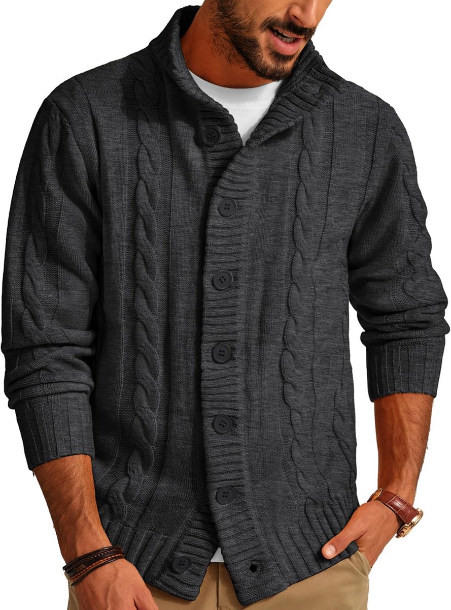 PAUL JONES Gebreid Herenvest Kleding Heren, met knoopsluiting, vlechtpatroon, cardigan met geribbelde opstaande kraag, voor herfst en winter, zwartgrijs, L