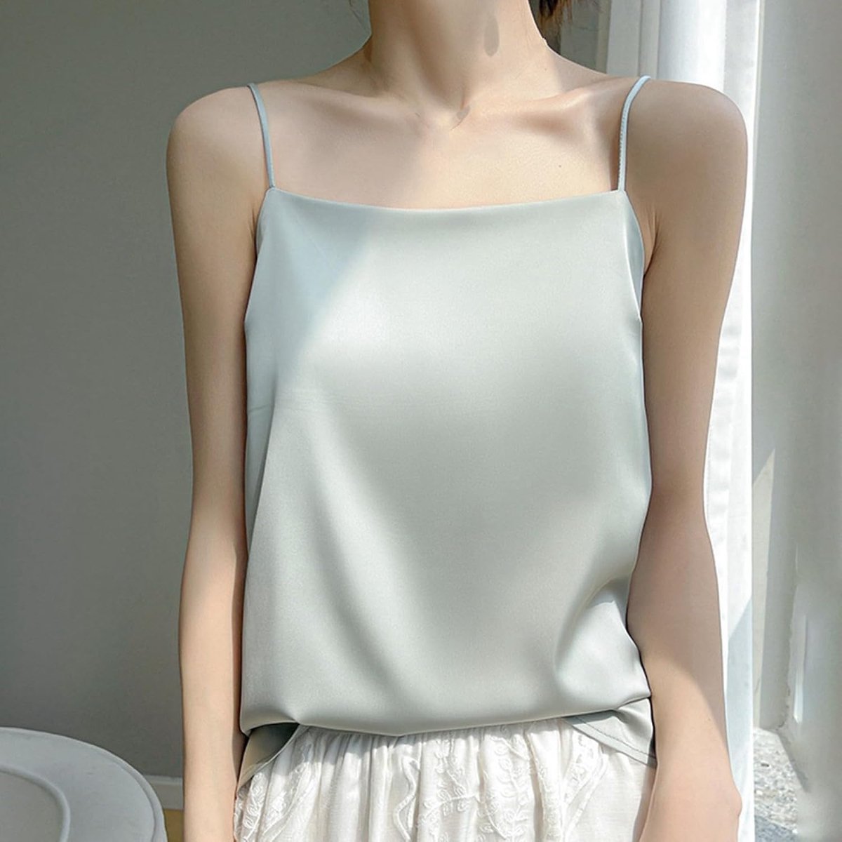 Zijden Vest - Zomer Dun Dameshemd Blauw Satijn Boothals Mouwloos Tanktop Modieus Losvallend Klein Hemdje Sexy Top Elegant Kantoor Dames Kort Pak Met Vest Casual,Light Green,Xs