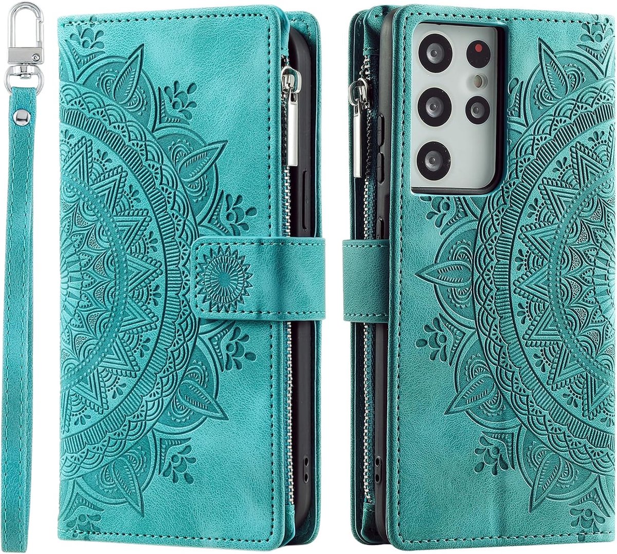 Hoes voor mobiele telefoon voor Samsung Galaxy S21 Ultra, klaphoes, bloemen, beschermhoes, klaphoes met kaartenvak, mobiele telefoonhoes, bookcover, flip case standaard, groen