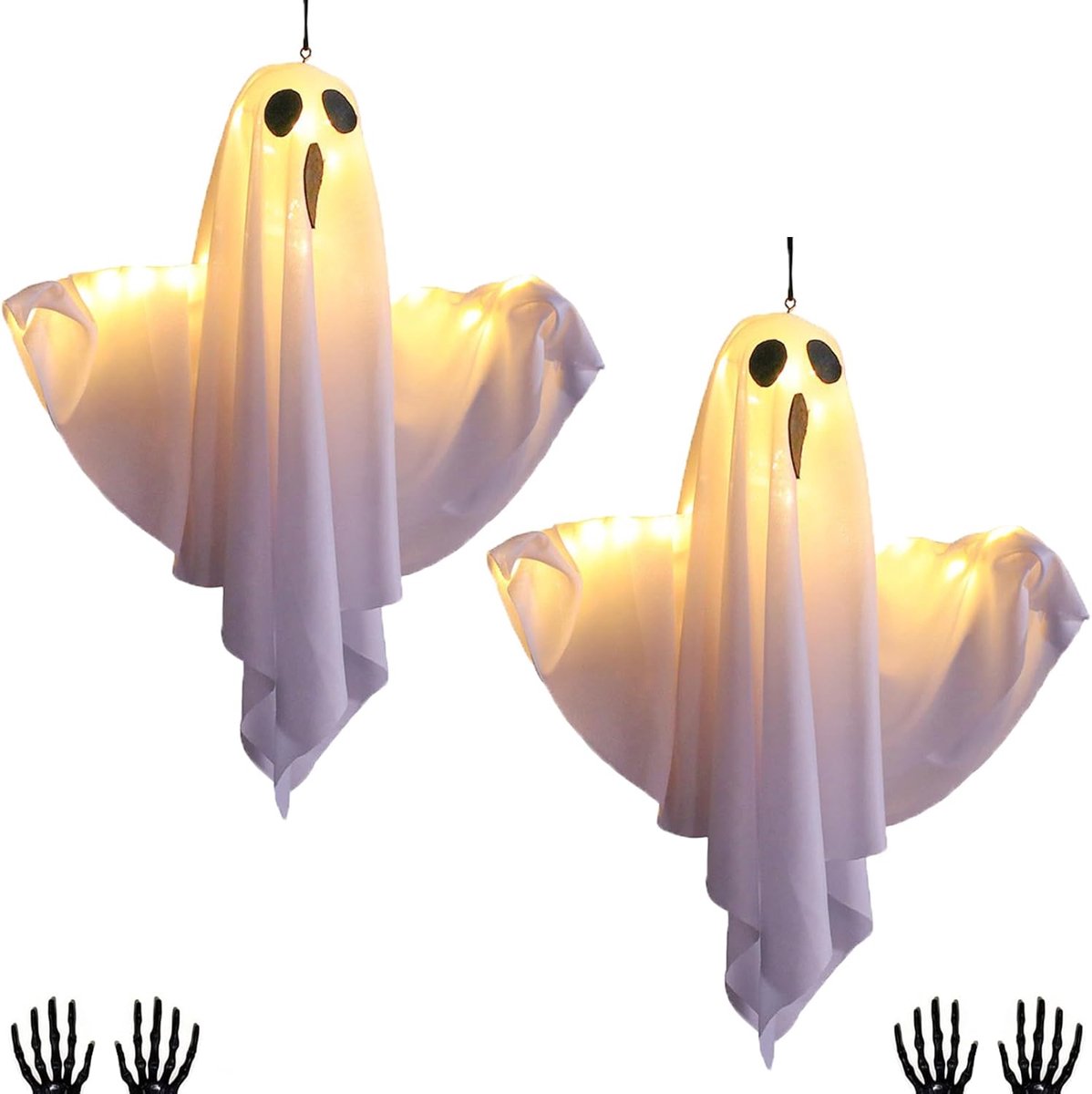 Halloween Decoratieve Geesten - 50 cm Hangende Lichtgevende Spoken met LED's - 3 Lichtstanden - Incl. Batterijen - Wit - 2 stuks