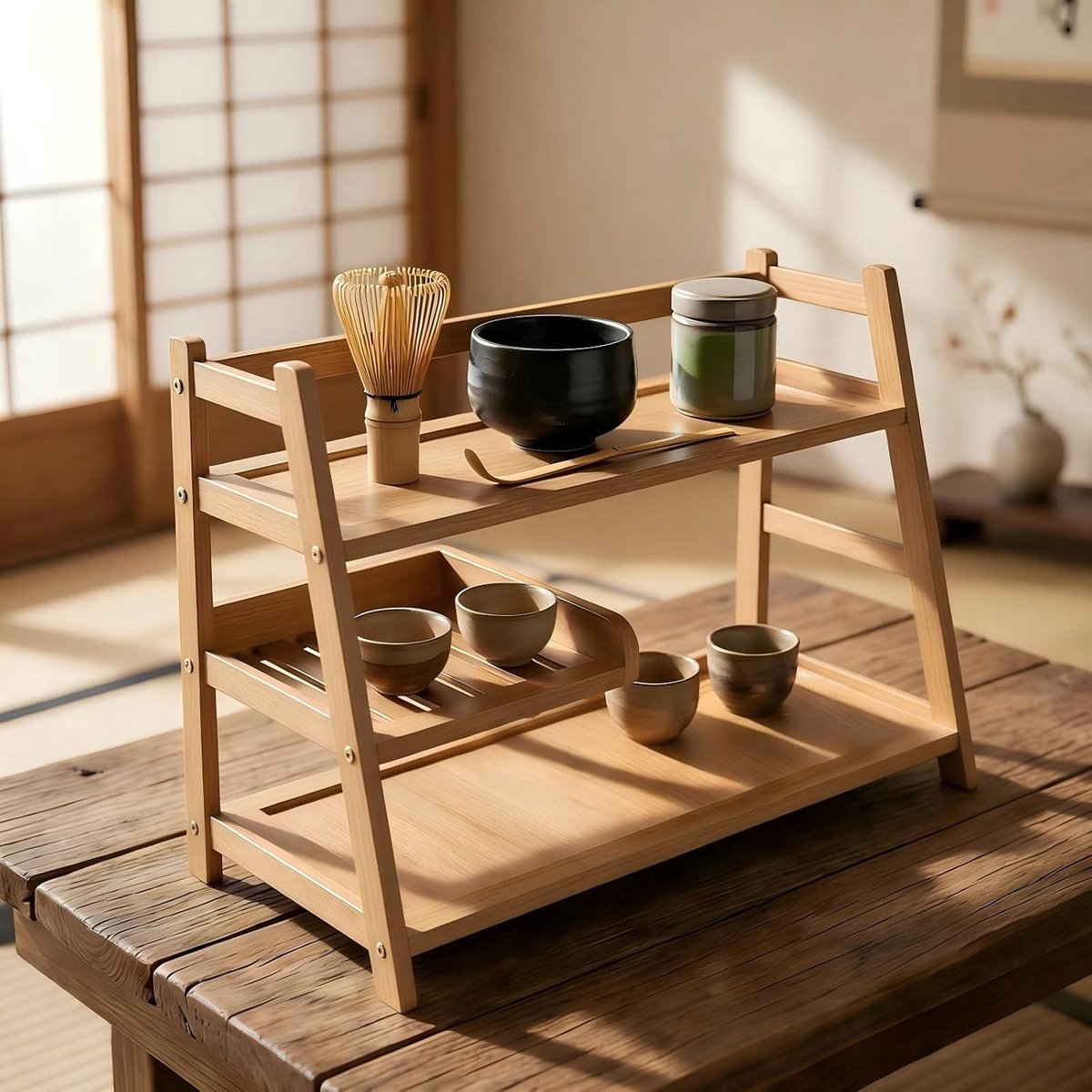 Opbergrek - 3-laags Bamboe Matcha Station - Keuken Opbergrek voor Theebar - Organizer voor Matcha Poeder, Gereedschap en Kopjes - Natuurlijke houtkleur - 1 stuk