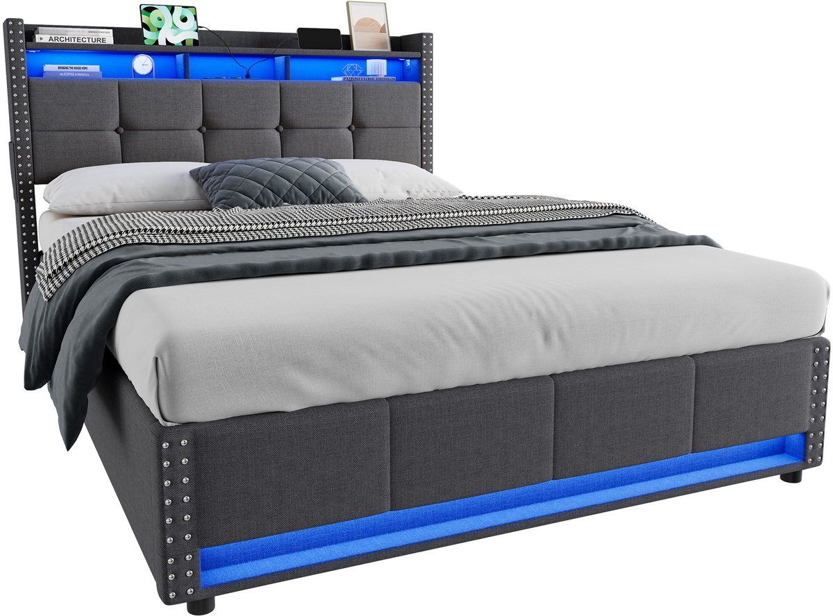 WUVRIE Gestoffeerd bed 140x200 cm met LED-verlichting, USB-aansluitingen en hydraulische opbergruimte, donkergrijs