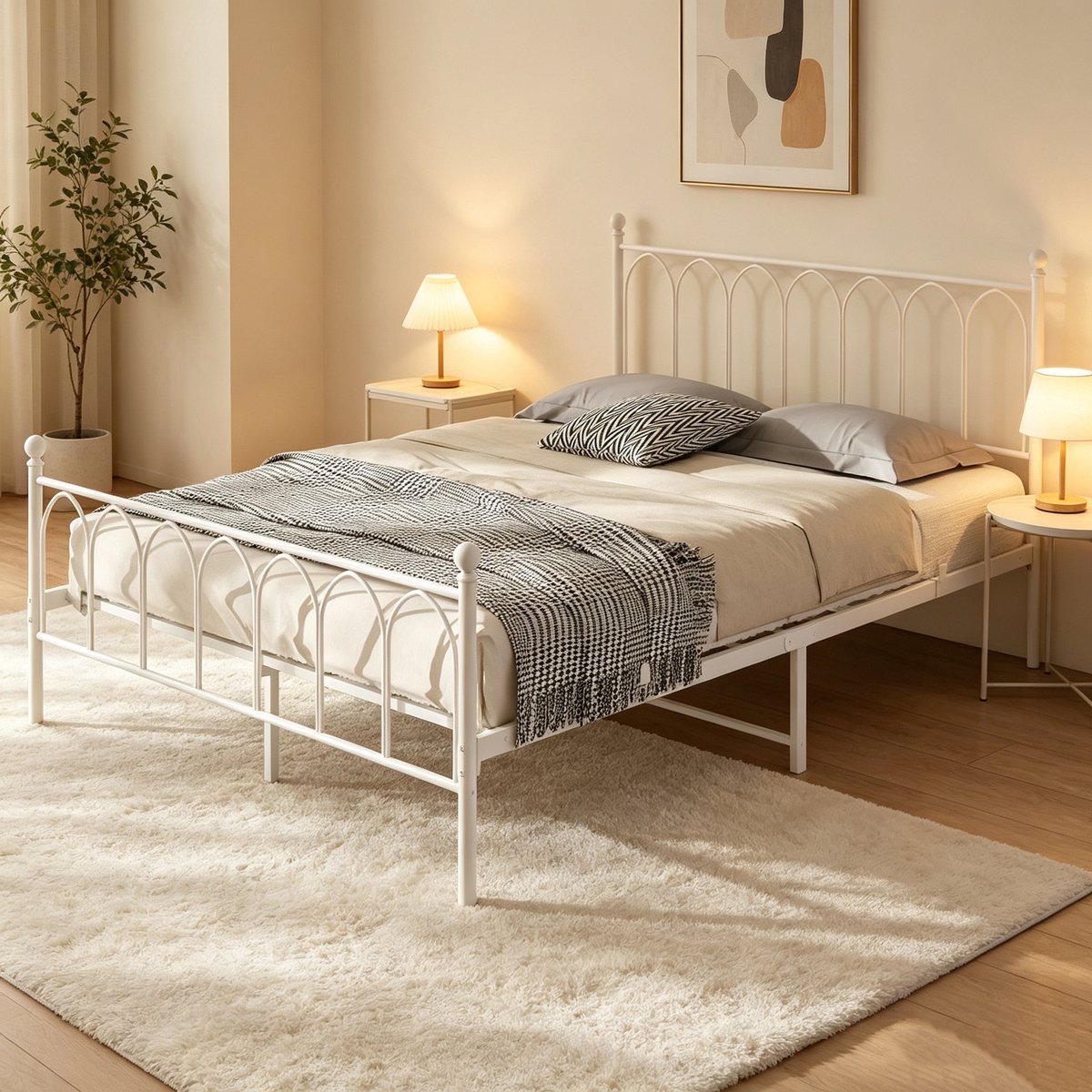 WUVRIE Metalen jeugdbed 140x200 cm met lattenbodem, opbergruimte onder bed en hoofdbord, wit