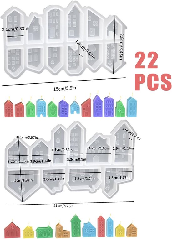 22 stuks siliconen vormen voor huizen, kandelaars, mini-gietvormen voor Kerstmis, doe-het-zelf, epoxyhars, zeep, gips — afbeelding 2