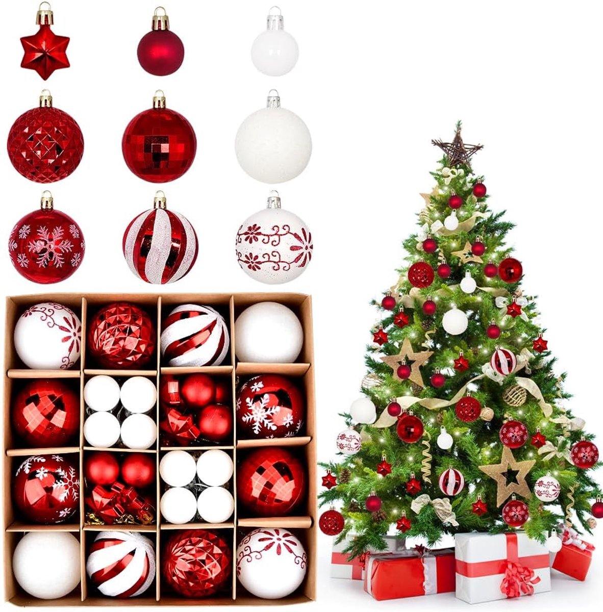 Kerstballen, Rood en Wit Kerstboom Versieringen Ballen, Kunststof Kerstballen, Gepersonaliseerde Kerstballen, set kerst Ballen Kerstboomdecoratie voor Festivaldecoraties, Kerstboomversiering