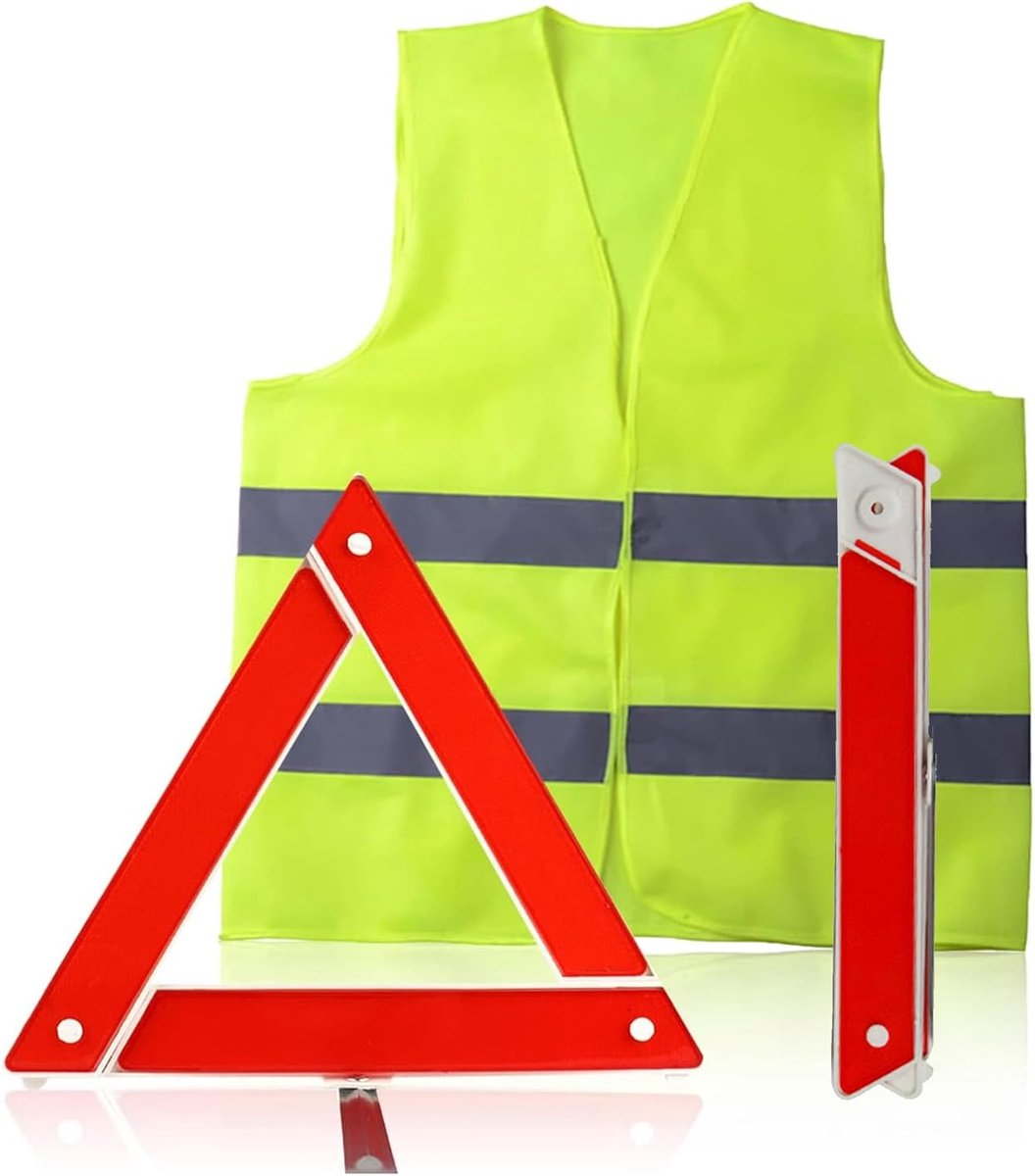 Gevarendriehoek en veiligheidsvest, set, pechdriehoek, reflecterend, nooddriehoek, opvouwbaar, ruimtebesparend, stabiel, voor auto, personenauto, met opbergkoffer