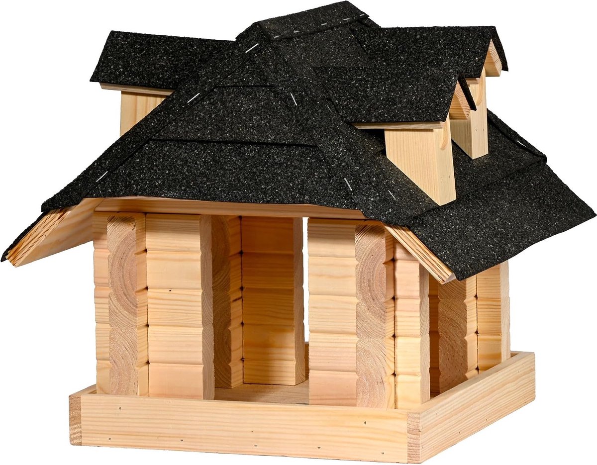 Dobar Groot vogelhuisje van massief hout met zwart bitumendak, vogelvoederhuis voor montage op de standaard, naturel