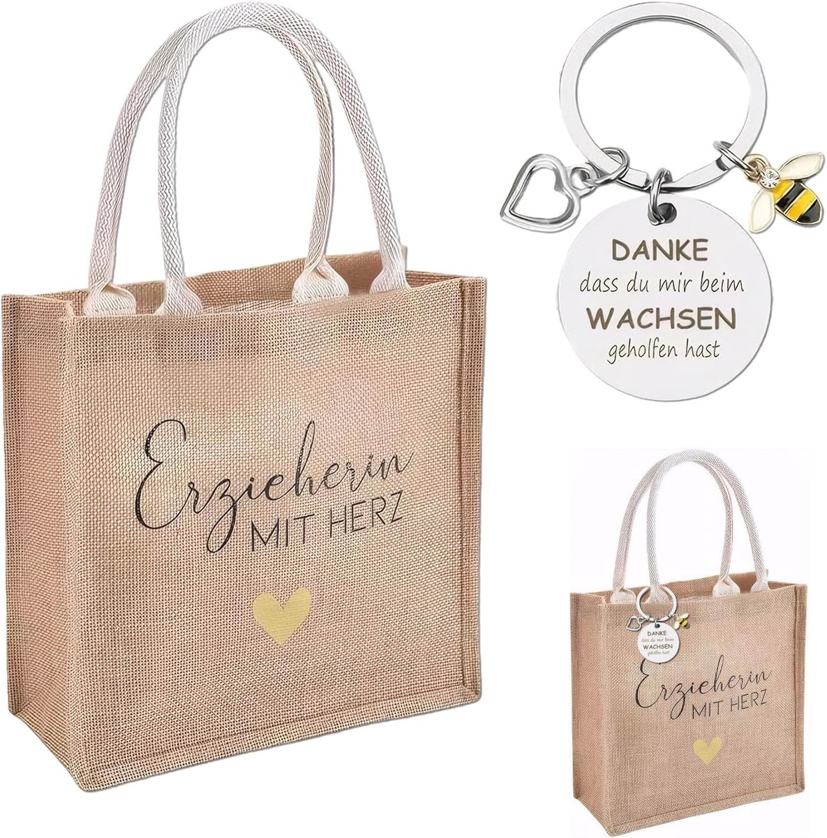 Waardering Geschenken – Gevlochten Gele Jute Zak met Bijen Sleutelhanger – 30x30 cm – Perfect voor Leerkrachten, Educators en Seizoensgebonden Feestdagen