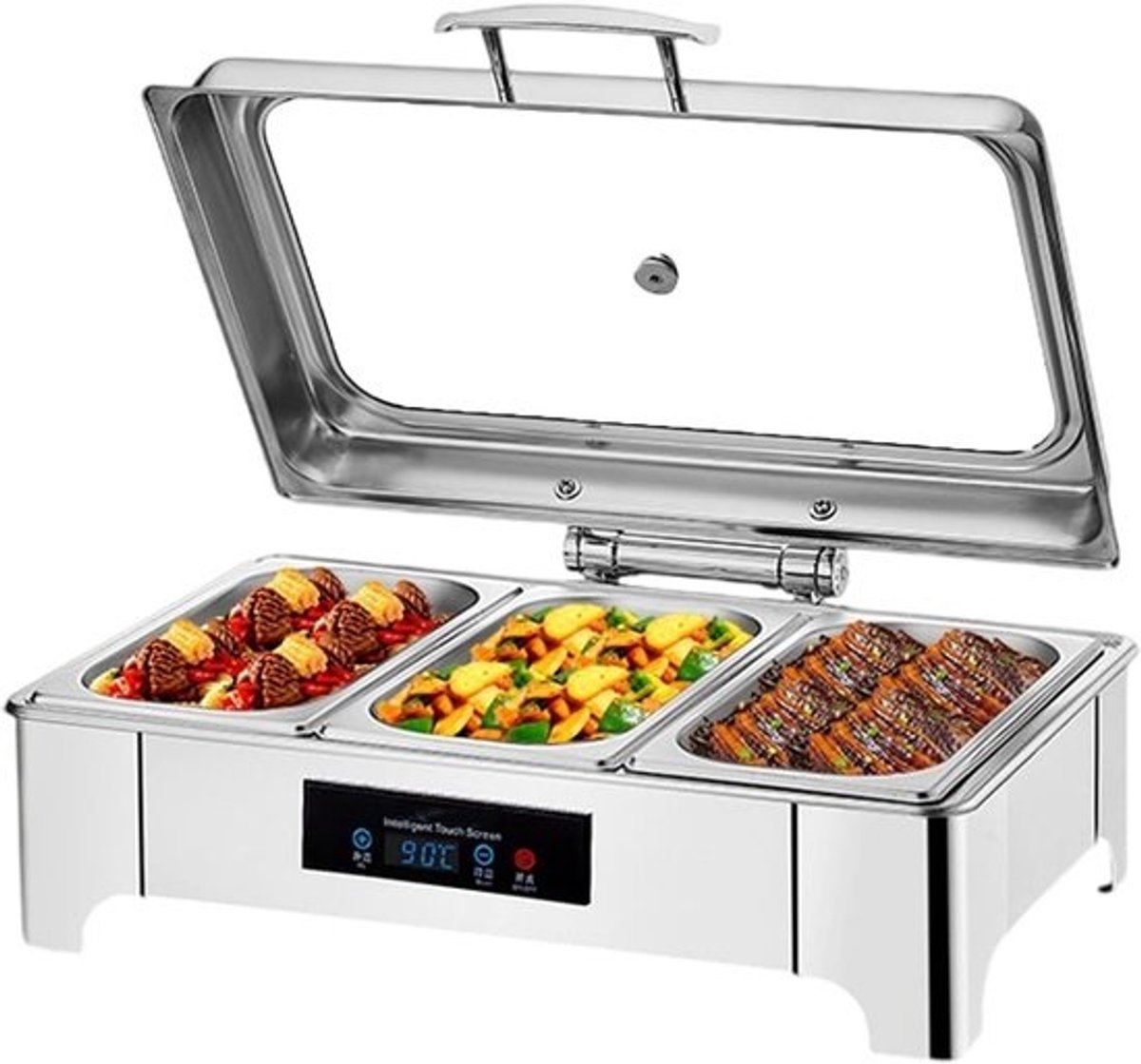 Elektrische Warmhoudplaat - Buffetwarmer Voedselwarmer - Commercieel Gebruik Feesten - Roestvrij Staal Transparant Deksel - 57x44x56 cm - Zilver