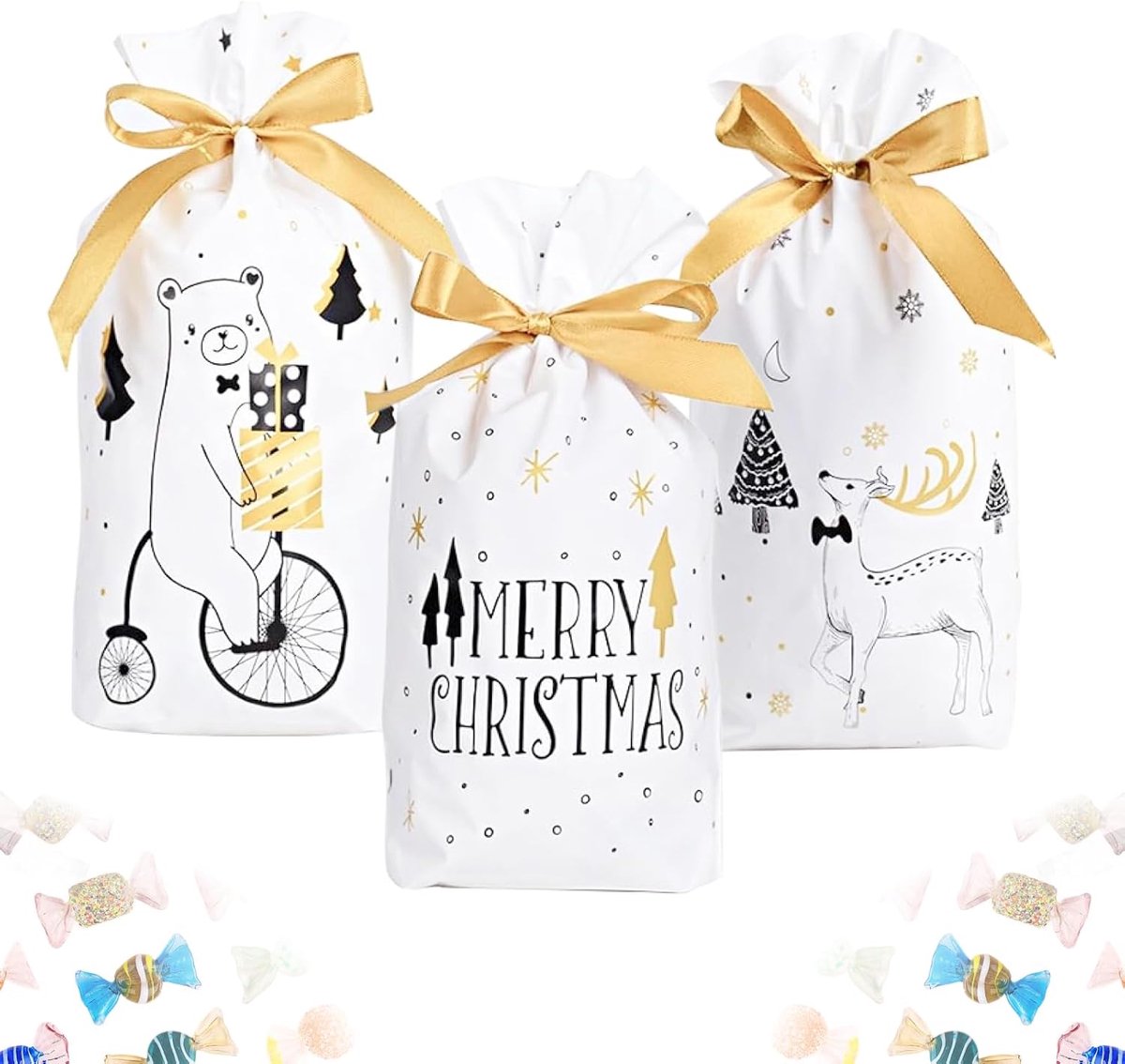 30 stuks kerstcadeauzakjes, kerstsnoepzakjes, kleine kerstverpakking, cadeauzakjes met trekkoord voor vrolijk kerstfeest