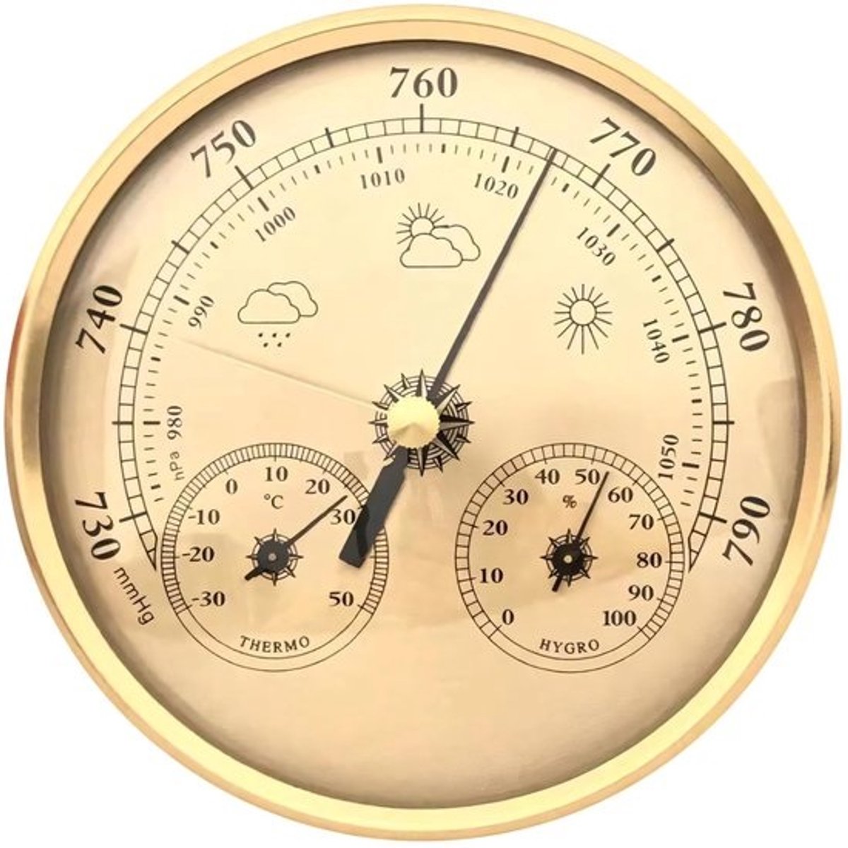 Weerstation 3-in-1 - Barometer Thermometer Hygrometer - Weer Voorspellen - Nauwkeurige Metingen - 14x14x4 cm - Goud