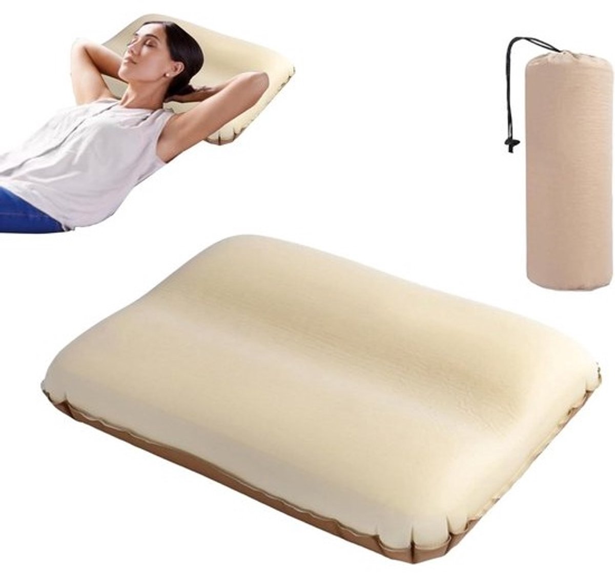 Opblaasbaar Kussen - Reis Kussen - Comfortabel Reizen - Automatisch Opblaasbaar - 46 x 30 x 10 cm - Koffiekleurig
