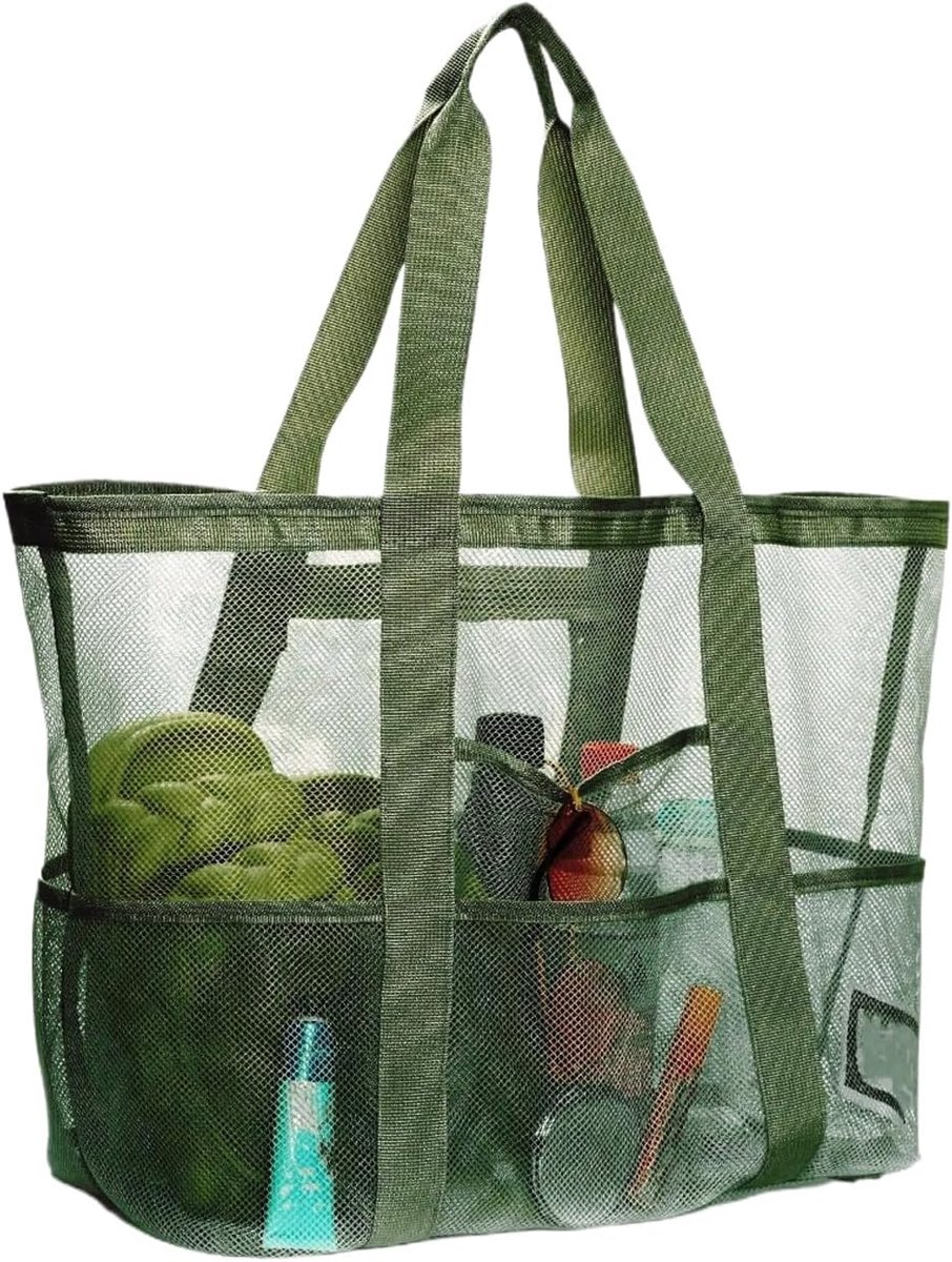 netstrandtas, opvouwbare handtas met vakken en ritssluiting voor strandvakantie en boodschappen