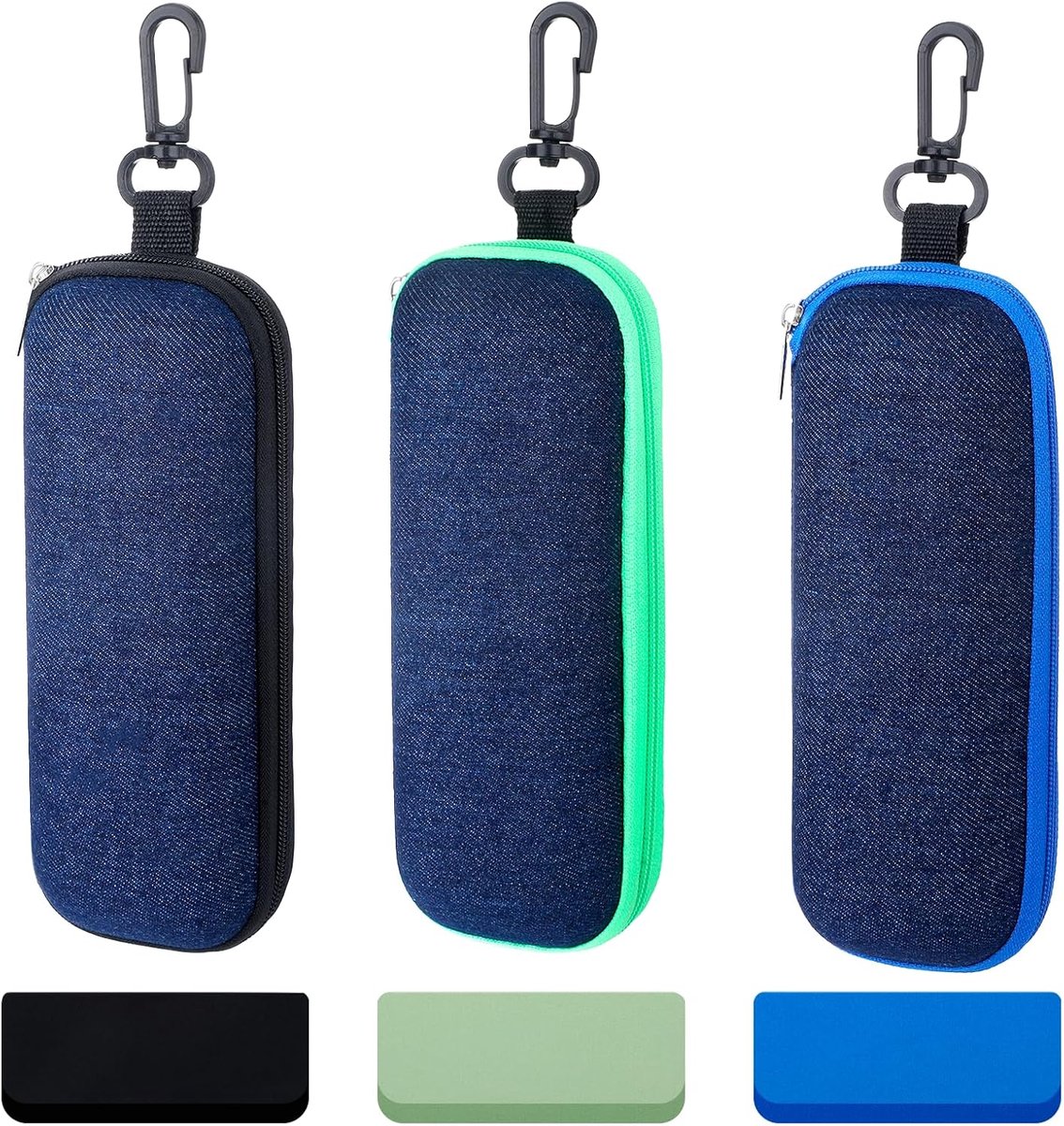 3 stuks brillenkoker met karabijnhaak, zacht denim met ritssluiting, brillenkoker met brillenpoetsdoek, brillenkoker, zonnebrillentas, brillenkoker voor reizen en dagelijks gebruik