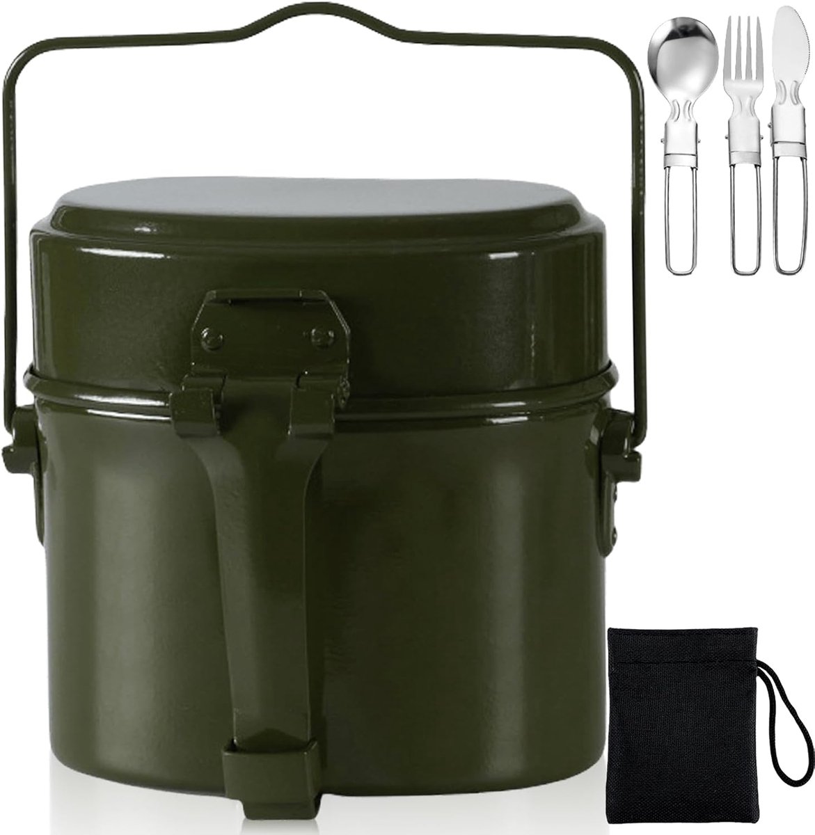 eetservies, hittebestendig, campingkookgerei, outdoor, met opvouwbaar mes, vork en lepel, campingservies van aluminium met inklapbare handgrepen, geschikt voor 1-2 personen