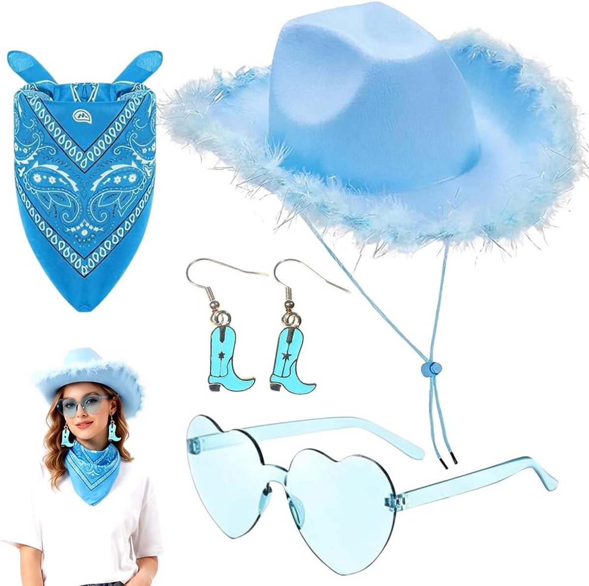 Cowboyhoed voor dames, cowgirl-hoedenset met bandana, brede rand, cowboyhoeden, westerse cowgirlkostuum, accessoire, verkleedkostuum voor Halloween, carnaval