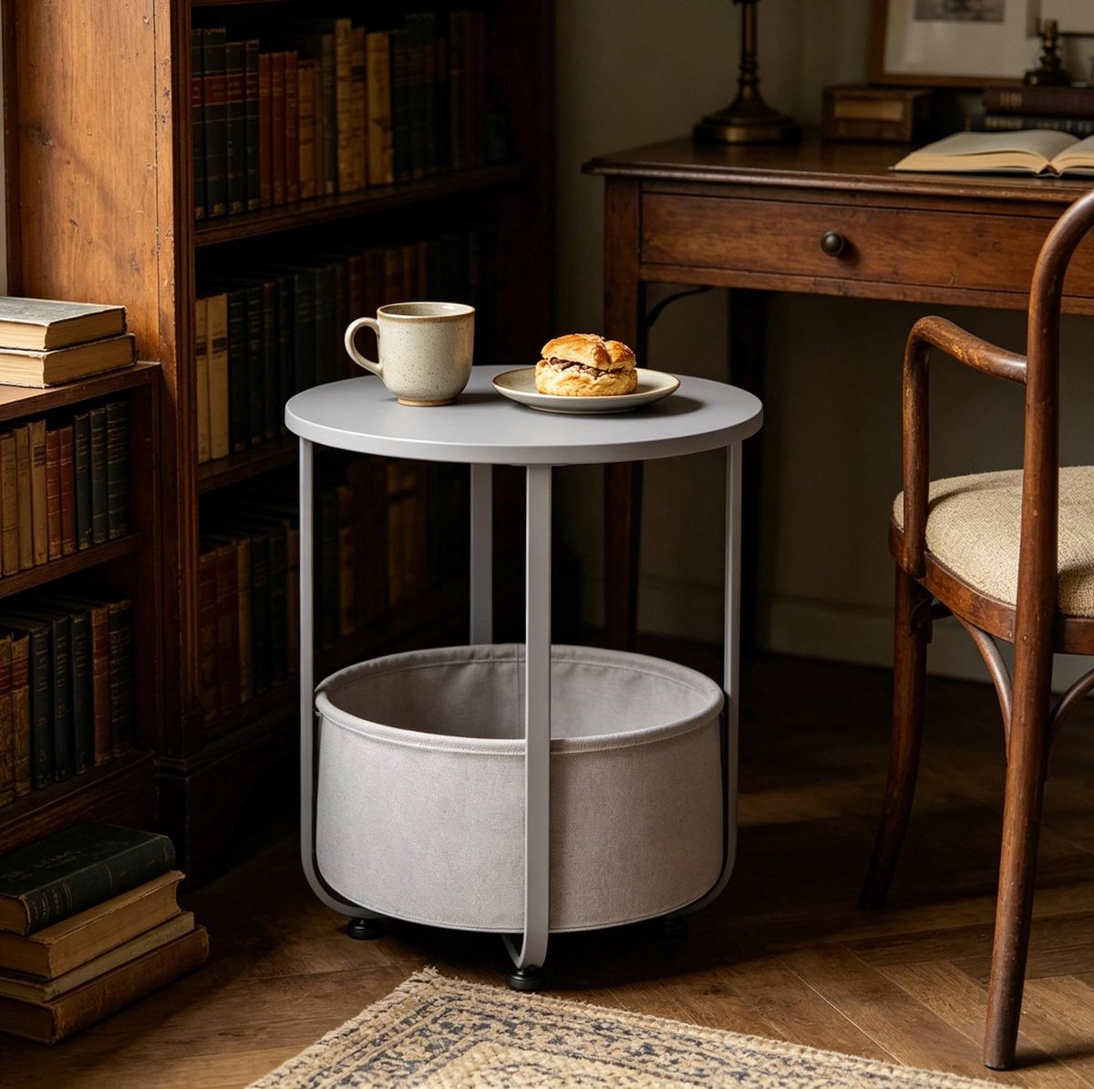MEUNIQ Ronde bijzettafel 45 x 45 x 50 cm met stoffen opbergmand, metalen frame en verstelbare poten voor woonkamer of slaapkamer, grijs
