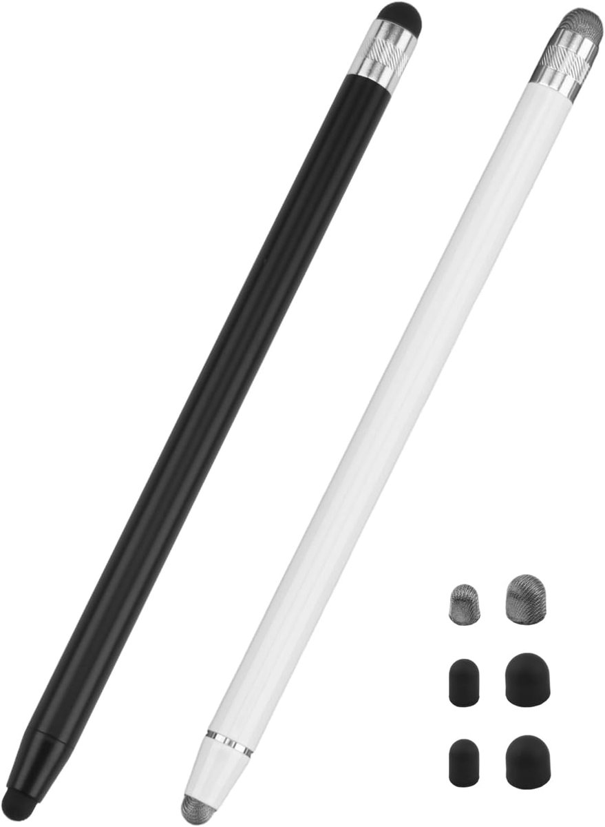 Stylus voor tablets en smartphones, 2 stuks met 6 verwisselbare opzetstukken, compatibel met iPhone, iPad, Huawei, Xiaomi, Chromebook en nog veel meer, zwart en zilver