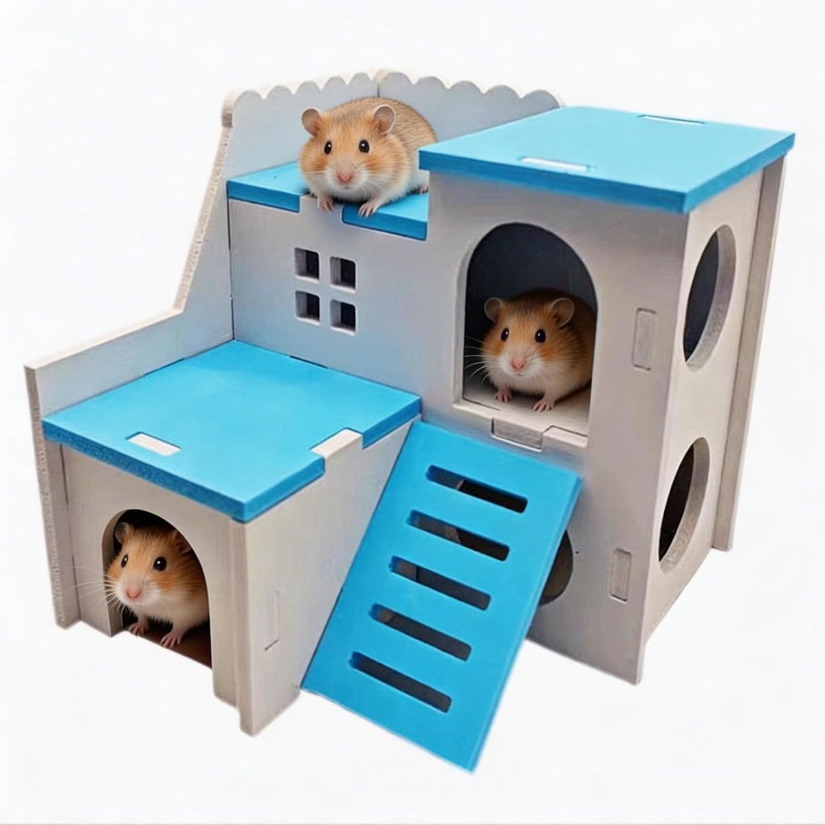 Cas voor hamsters, cavia's huis voor schildpadden, met trap, geschikt voor cavia's en eekhoorns, leefruimte voor oefeningen (blauw, villa met platform voor salti), L)
