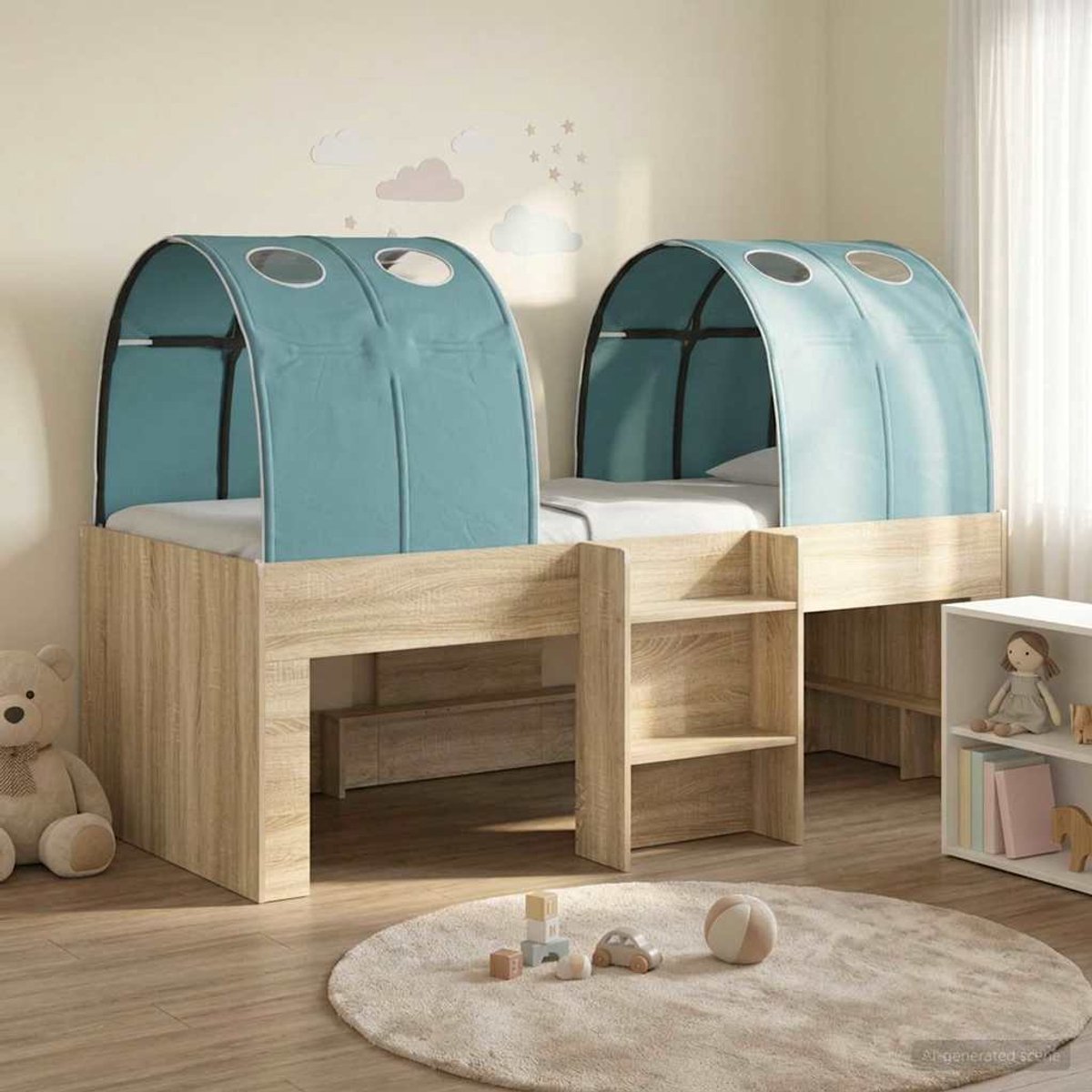 vidaXL Bed - met - Tunnel - 3 - st - Sonoma - en - Lichtblauw - Bewerkt - hout Sonoma en licht blauw