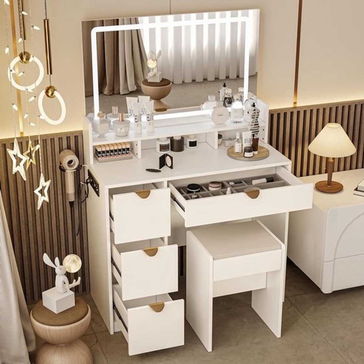 Kaptafel met verlichting - Cosmeticatafel Vanity - Make-up aanbrengen - Ingebouwd stopcontact - 90x40x140cm - Wit