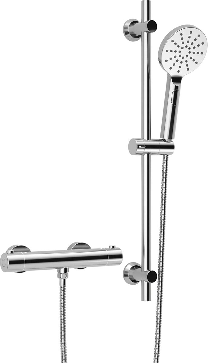 Thermostaatdouchekraan met douchestangset, thermostaatdouche-armatuur met doucheset, thermostaat mengkraan + roestvrij staal douchestangset 70 cm, rond chroom