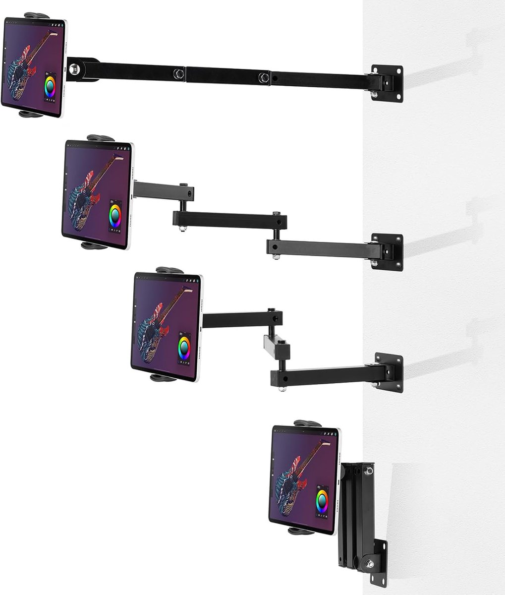 driedelige wandhouder voor 4-13 inch, 360 graden draaibaar, intrekbaar, 10-68 cm, universele tablethouder, voor zakelijk en thuis, keuken, woonkamer (zwart-driedelig)