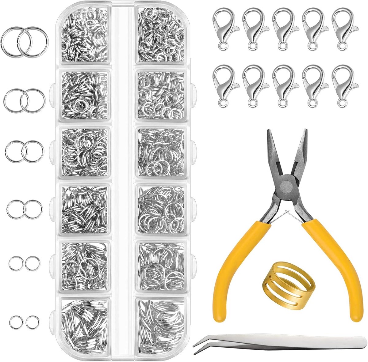 Dailygoods- Springringen Set 1540 Stuks - Goud/Zilver - Karabijnsluitingen - Sieradentang - Pincet - Sieradendoos 12 Raster - Sieradenaccessoires