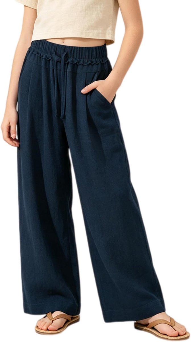 Linnen broek voor meisjes, palazzo, losse taille, elastische taille, vloeiend, strand, met zakken