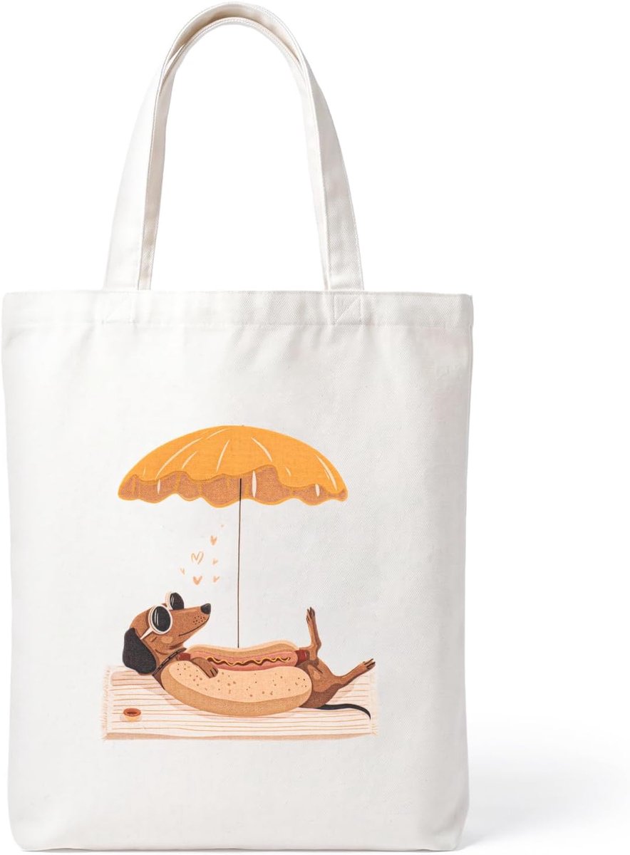 Cadeaus jute tas, stoffen tas met grappig teckelpatroon, 35 x 42 cm, boodschappentas met lange hengsels
