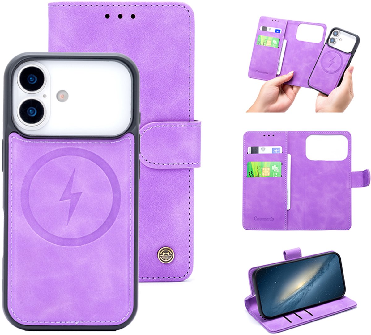 Casemania Hoesje Geschikt voor Apple iPhone 18 Pro - Bright Lila - Kunstleer 2 in 1 Afneembare Bookcase - Geschikt voor MagSafe - Magnetische Telefoonhoesje met Pasjeshouder en Standaardfunctie
