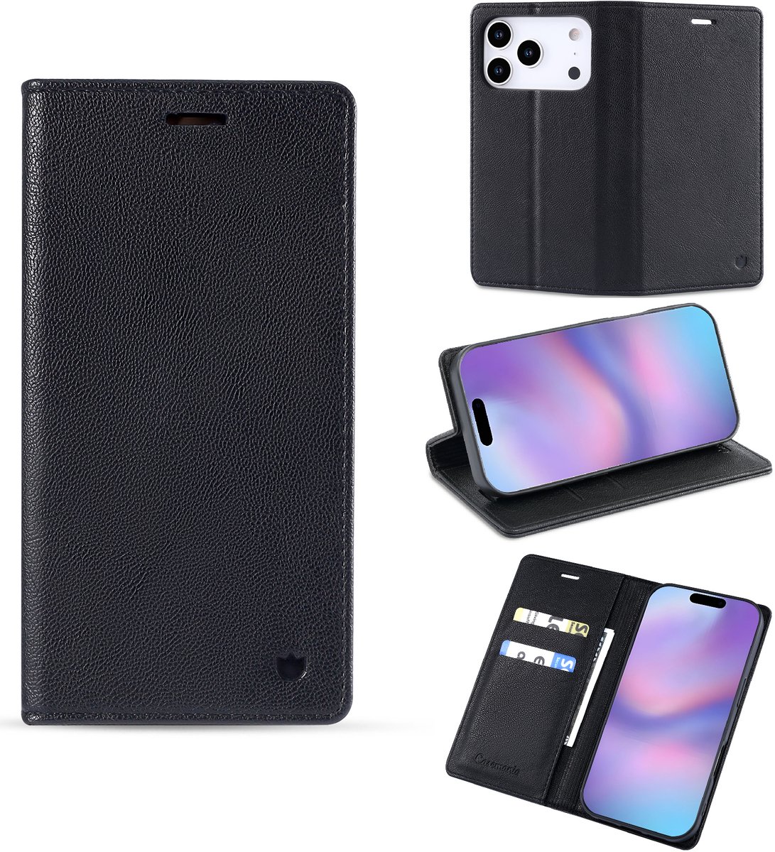 Casemania Hoesje Geschikt voor Apple iPhone 18 Pro Max - Onyx Black - Dunne Bookcase met Pasjeshouder - Slim Wallet Case van Lederlook met Fijne Nerf en Rijke Glans - Zwart