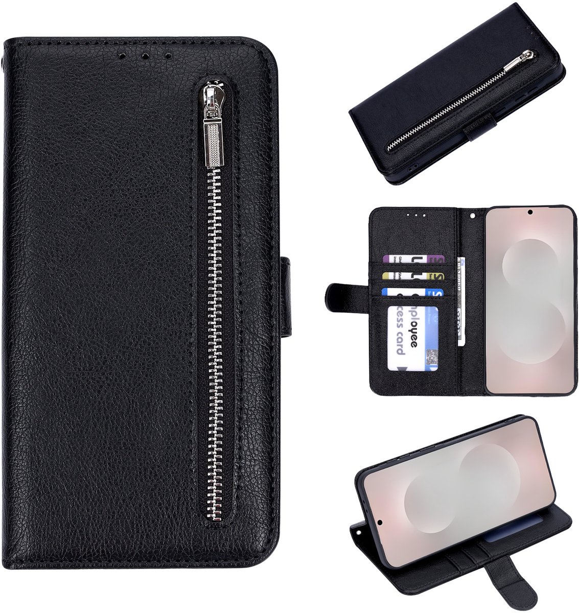 Casemania Hoesje Geschikt voor Apple iPhone 18 Pro - Zwart- Luxe Portemonnee Book Case met Rits